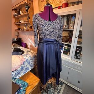 R&M Richards Navy and Gold Sequin Lace 3/4 Sleeve Dress